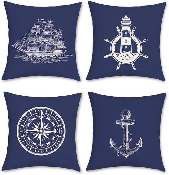 Set di 4 Cuscini Nautici Marittimi 45 x 45 cm con Doppia Facia, Simbolo dell'Anchiglia, Zeppa e Compasso in Lino Polyester per Decorazione di Sala da Pranzo e Soggiorno.
