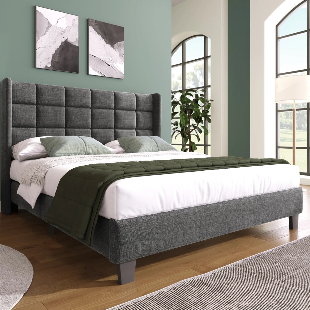 Letto matrimoniale imbottito 140x200 cm con testiera e rete a doghe; lino grigio