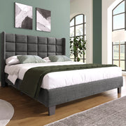 Letto matrimoniale imbottito 140x200 cm con testiera e rete a doghe; lino grigio