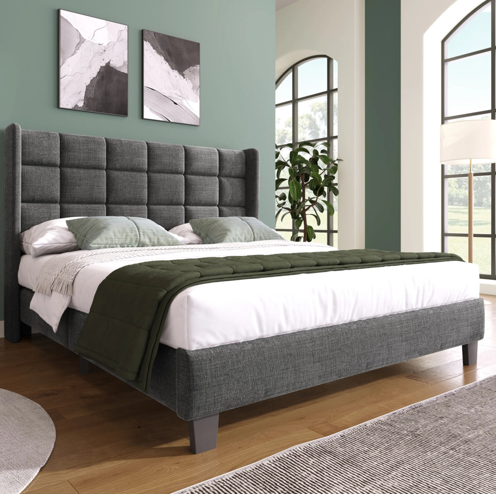 Letto matrimoniale imbottito 140x200 cm con testiera e rete a doghe; lino grigio