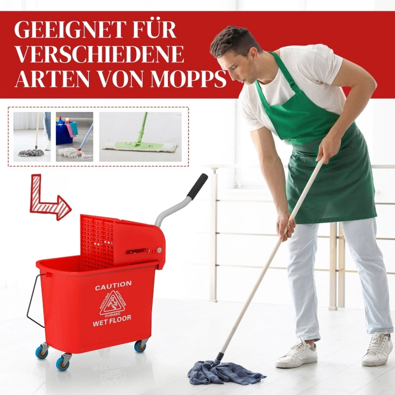 Secchio per mocio da 20 litri con strizzatore e manico, secchio per mocio su ruote, in plastica, rosso