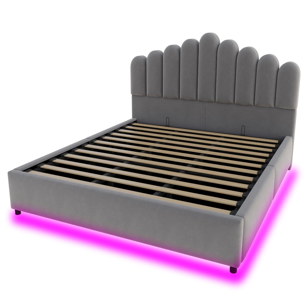 Letto imbottito 180x200 cm con contenitore idraulico, testiera imbottita, luce LED e struttura a doghe, colore grigio