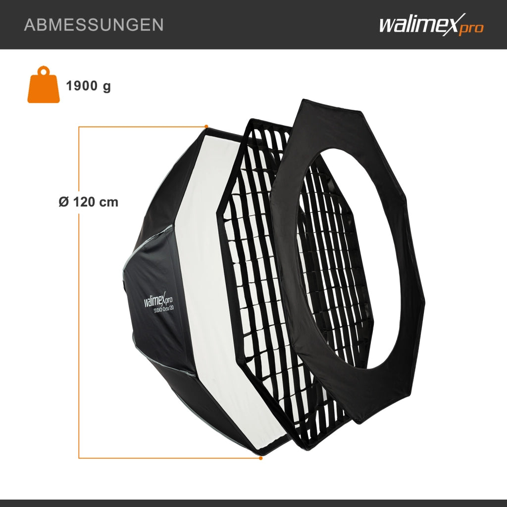 Studio Softbox Octagon 120cm + adattatore softbox per Elinchrom (diametro esterno: 15,2 cm), ruotabile a 360°, facile da montare, include griglia, maschera, adattatore Bowens