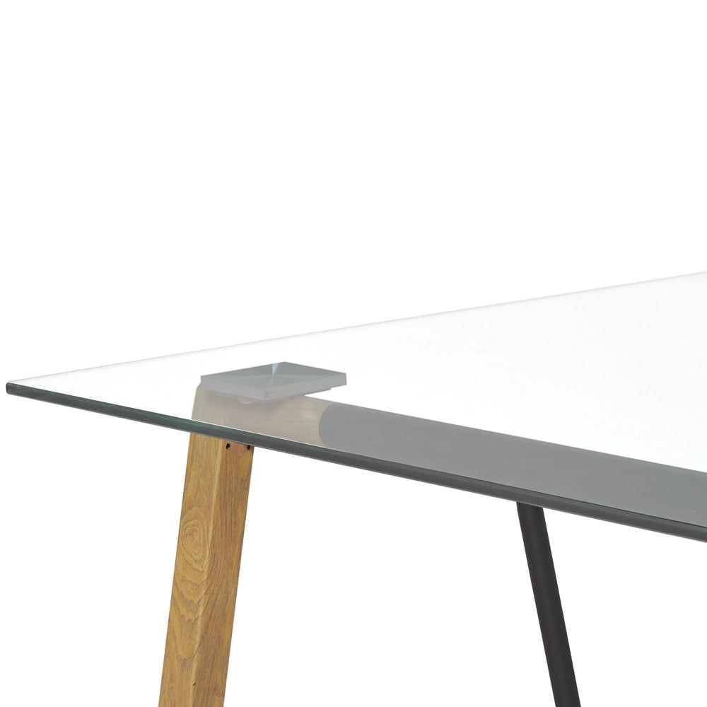 Tavolo da Pranzo Trasparente 140 x 80 cm Piano in Vetro Temperato Metallo Leggero Base in Legno Rettangolare Scandinavo Moderno