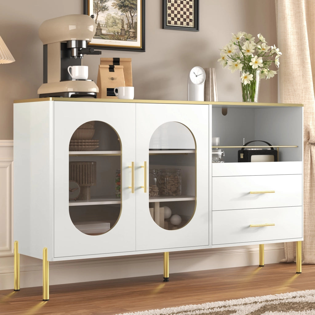 Credenza e Madia con 2 Cassetti e 2 Ante in Vetro; Passacavi; Stile Moderno; in MDF; Bianco; 140??38??90 cm