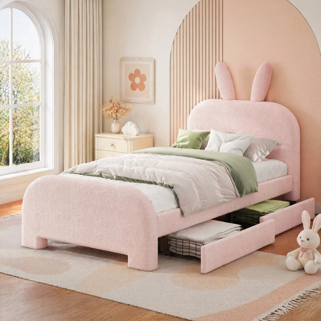 DESMIU Letto per bambini 90 × 200 cm 1 posto con 2 cassetti e testiera a coniglio, senza materasso, in peluche, rosa