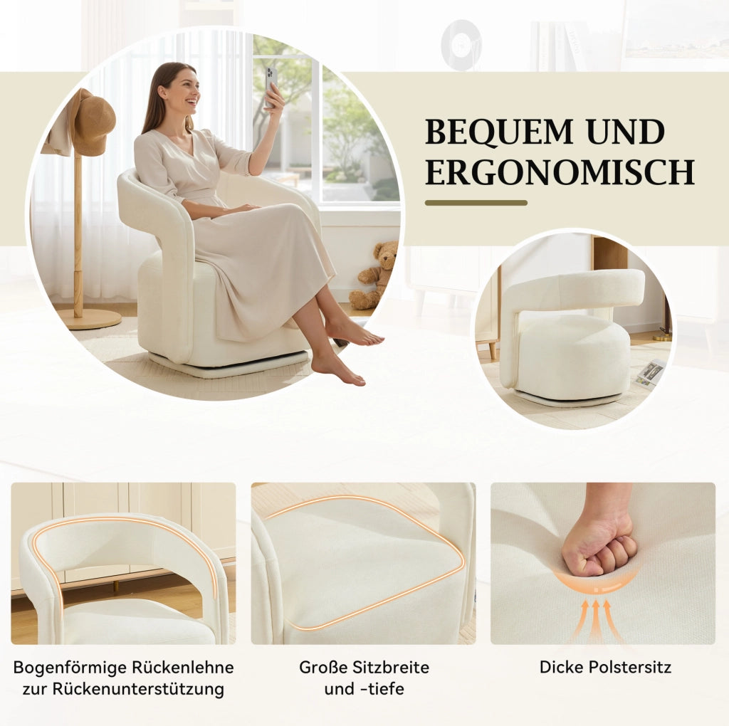 Poltrona girevole 360° in ciniglia bianca, design Barrel Chair