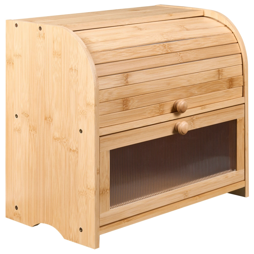 Contenitore per il pane a due ripiani scatola in bambù marrone chiaro 42 x 25 x 37 cm con pannello decorativo scanalato in stile scandinavo