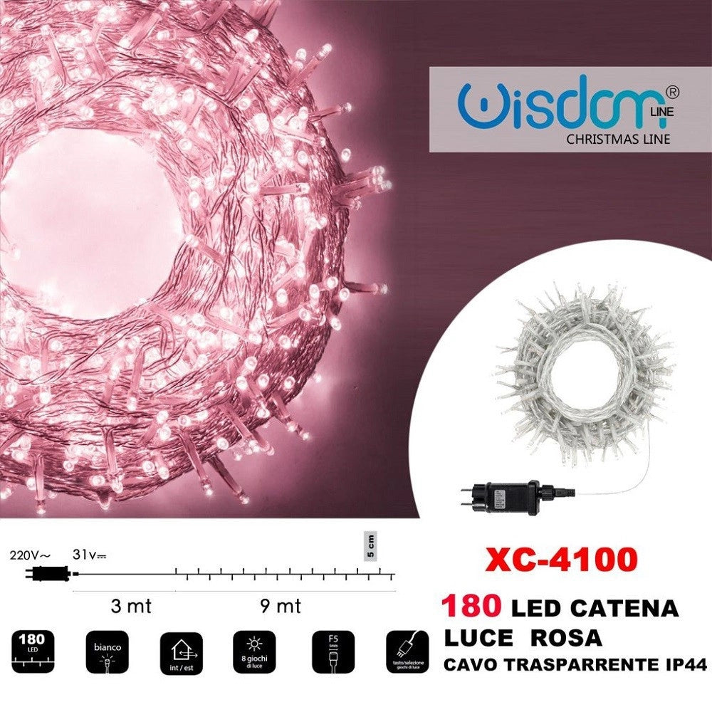Trade Shop - Catena Luminosa 180 Luci Led Lucciole Luce Rosa Cavo Trasparente Ip44 Xc-4100 -