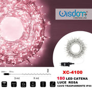 Trade Shop - Catena Luminosa 180 Luci Led Lucciole Luce Rosa Cavo Trasparente Ip44 Xc-4100 -