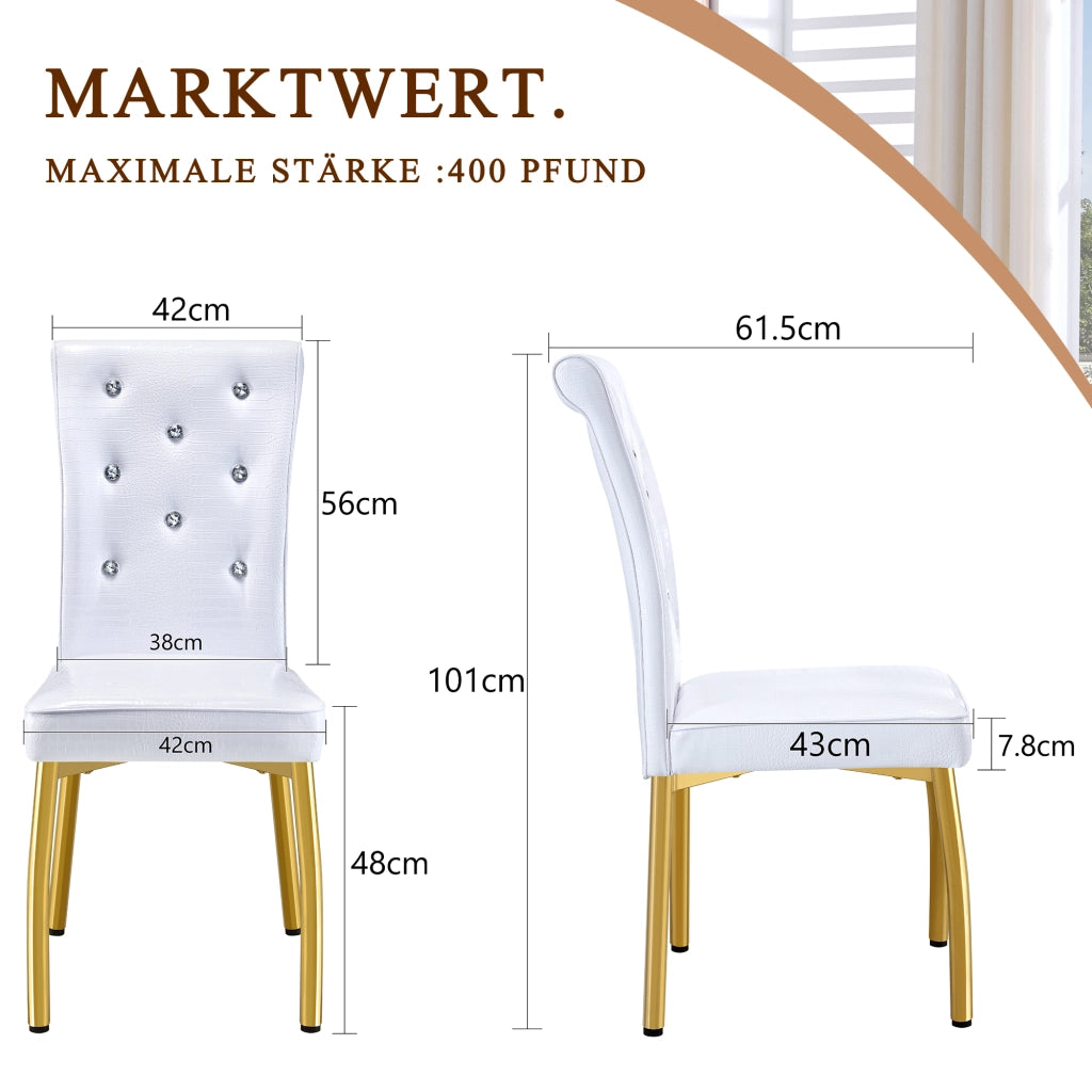 Sedia da Pranzo Set da 4 con Schienale Imbottito, Piedini Regolabili, in Metallo e PVC Bianco Oro