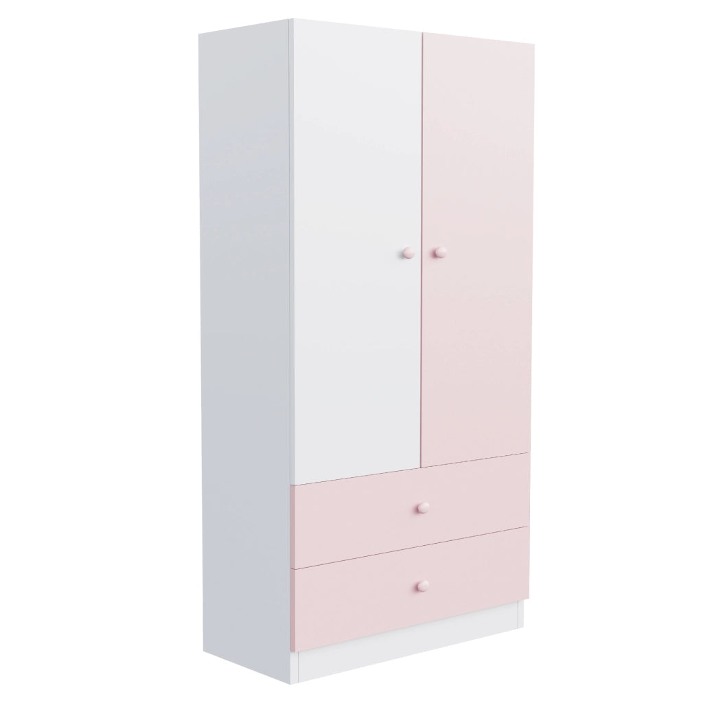 Armadio con vano appendiabiti e 2 cassetti design bicolore per camera da letto in MDF e compensato rosa 70×40×170 cm