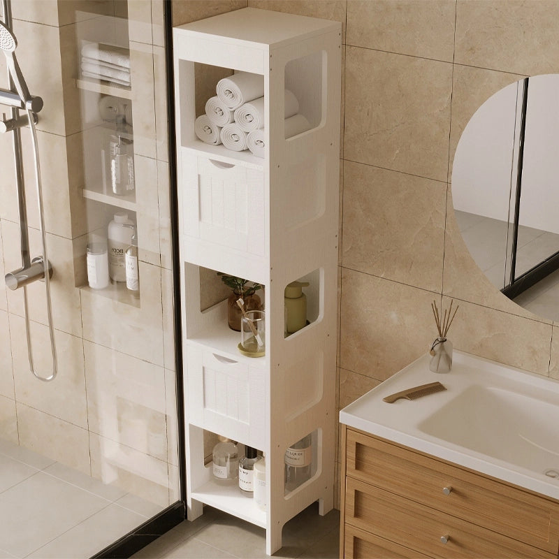 Mobiletto da bagno bianco con colonna con cassetti e ripiano alto, stile loft moderno, 142 cm