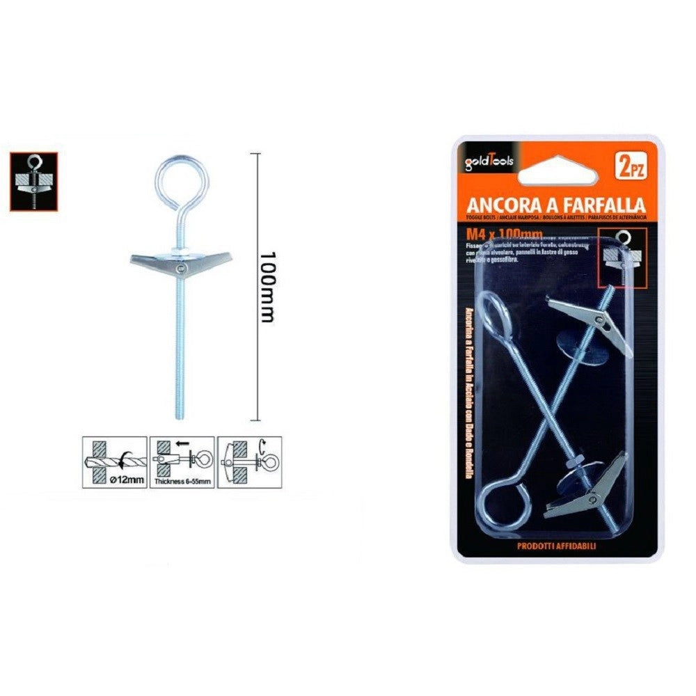 Trade Shop - Set 2pz Ancora Farfalla Con Occhiolo Chiuso Acciaio Dado Rondella M4x100mm 57232 -