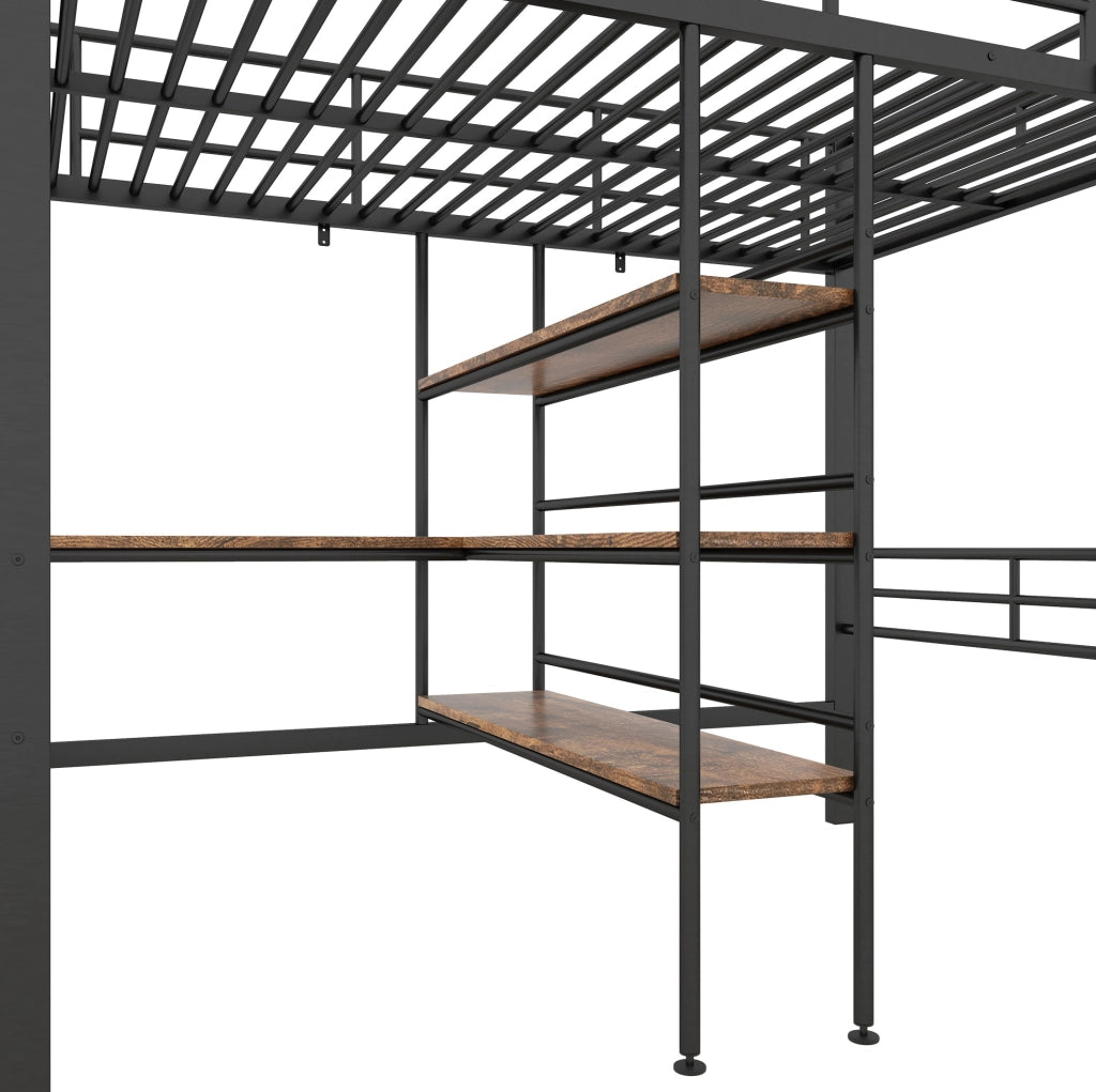 Letto a soppalco con scrivania e ripiani 90x200 cm in metallo; nero
