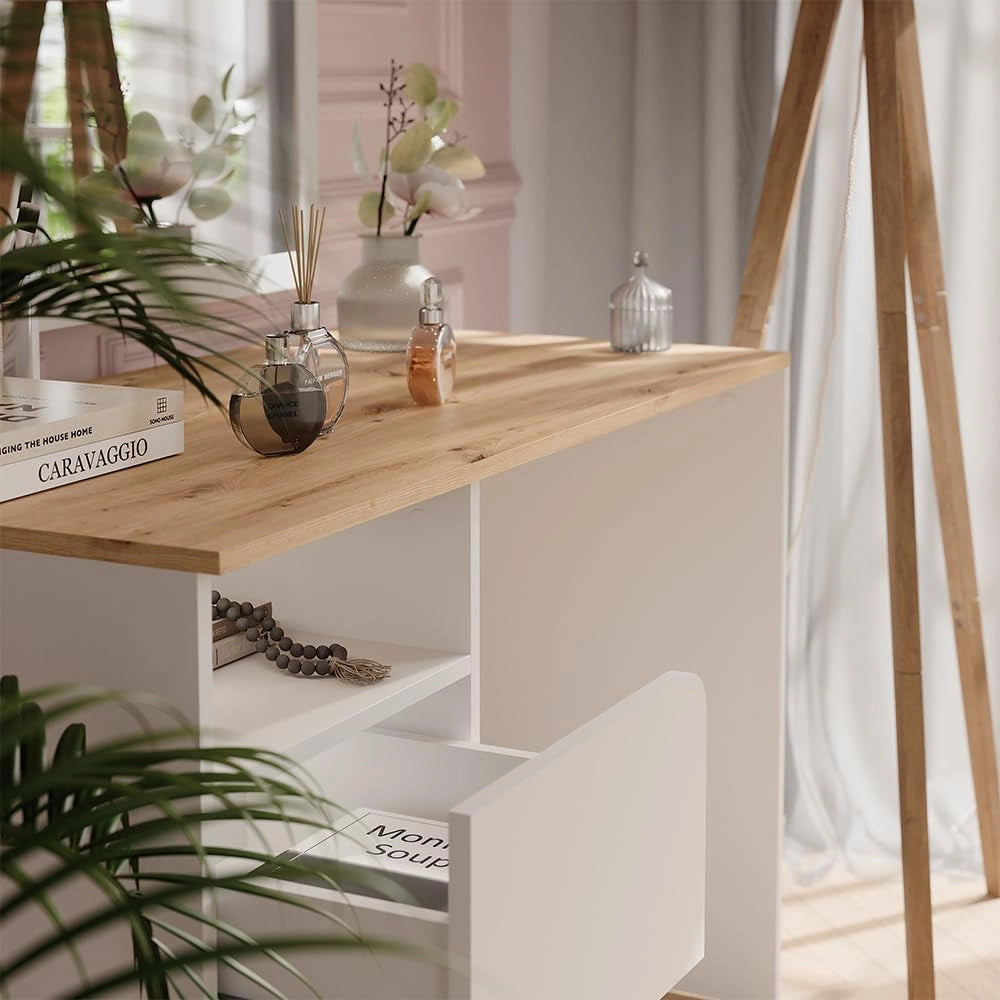 Tavolo da toeletta Karen, Bianco/Artisan, 110 cm con cassetti, Materiali robusti per un utilizzo duraturo
