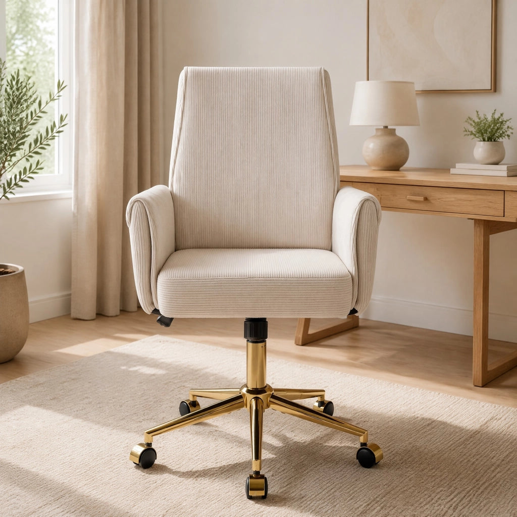 SEDIA ergonomica in velluto a coste bianca con base dorata