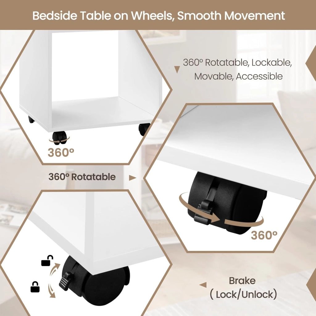 Set di 2 Comodino Tavolino con Ruote, Mobile Porta Stampante con 2 Scomparti Aperti, Comodino Bianco per Camera da Letto, Salotto, Ufficio, in Legno, 40x35x55cm, 0008CTG-2