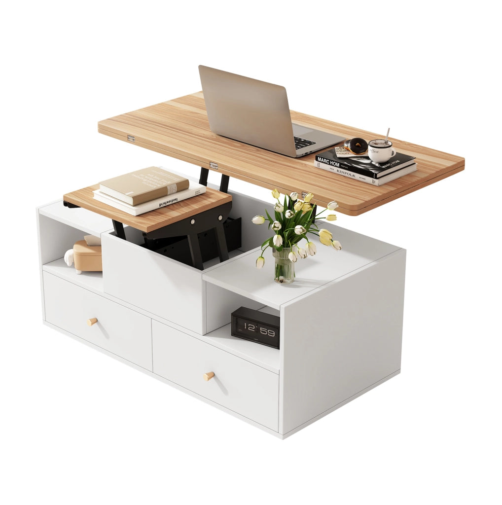 Tavolino da caffè elevabile e pieghevole 100×50 cm con 4 cassetti e ruote