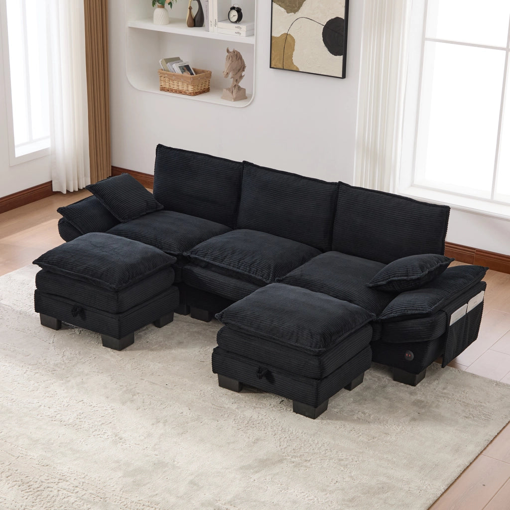Divano modulare 3 posti con pouf, porta USB-C e tasche laterali, in velluto a coste nero 260 × 132 × 84 cm