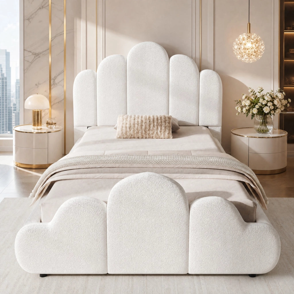 Letto singolo 90x200 cm in bouclé beige, con testiera imbottita, angoli arrotondati e rete inclusa