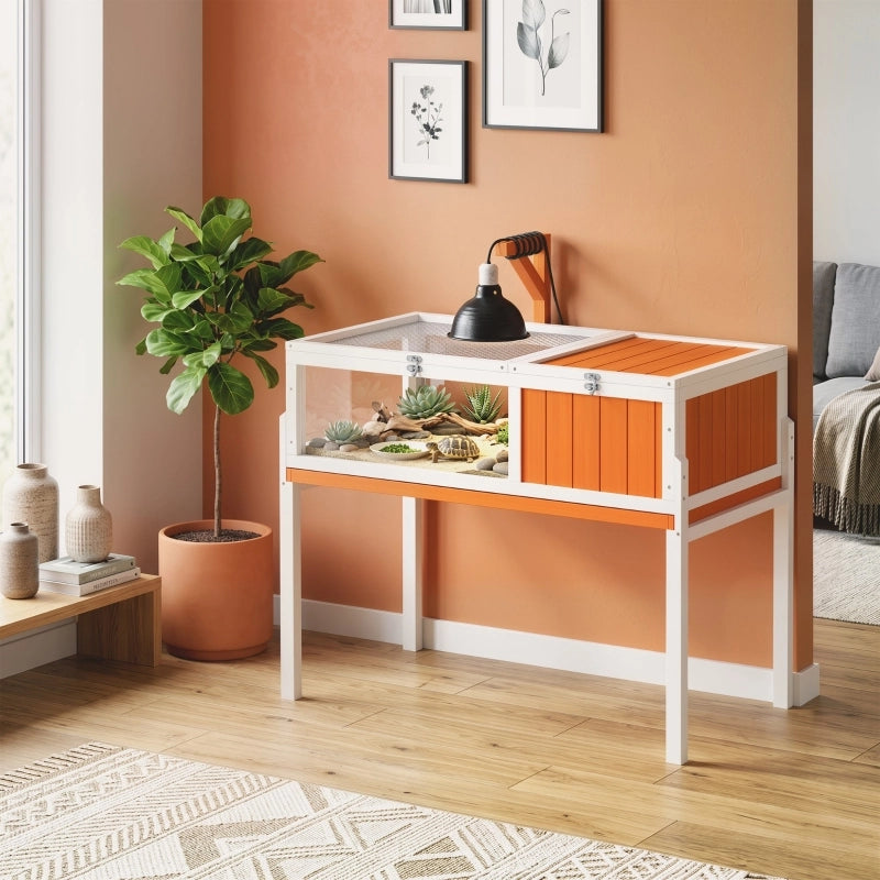 Casetta/recinto in legno per tartarughe con casetta principale, finestra di osservazione e coperchio, 104 cm x 53 cm x 82 cm, bianco e arancione