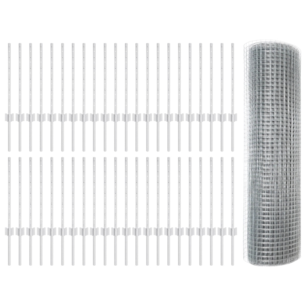 Recinzione in rete saldata con 44 pali U Argento 0.6x100 m Acciaio