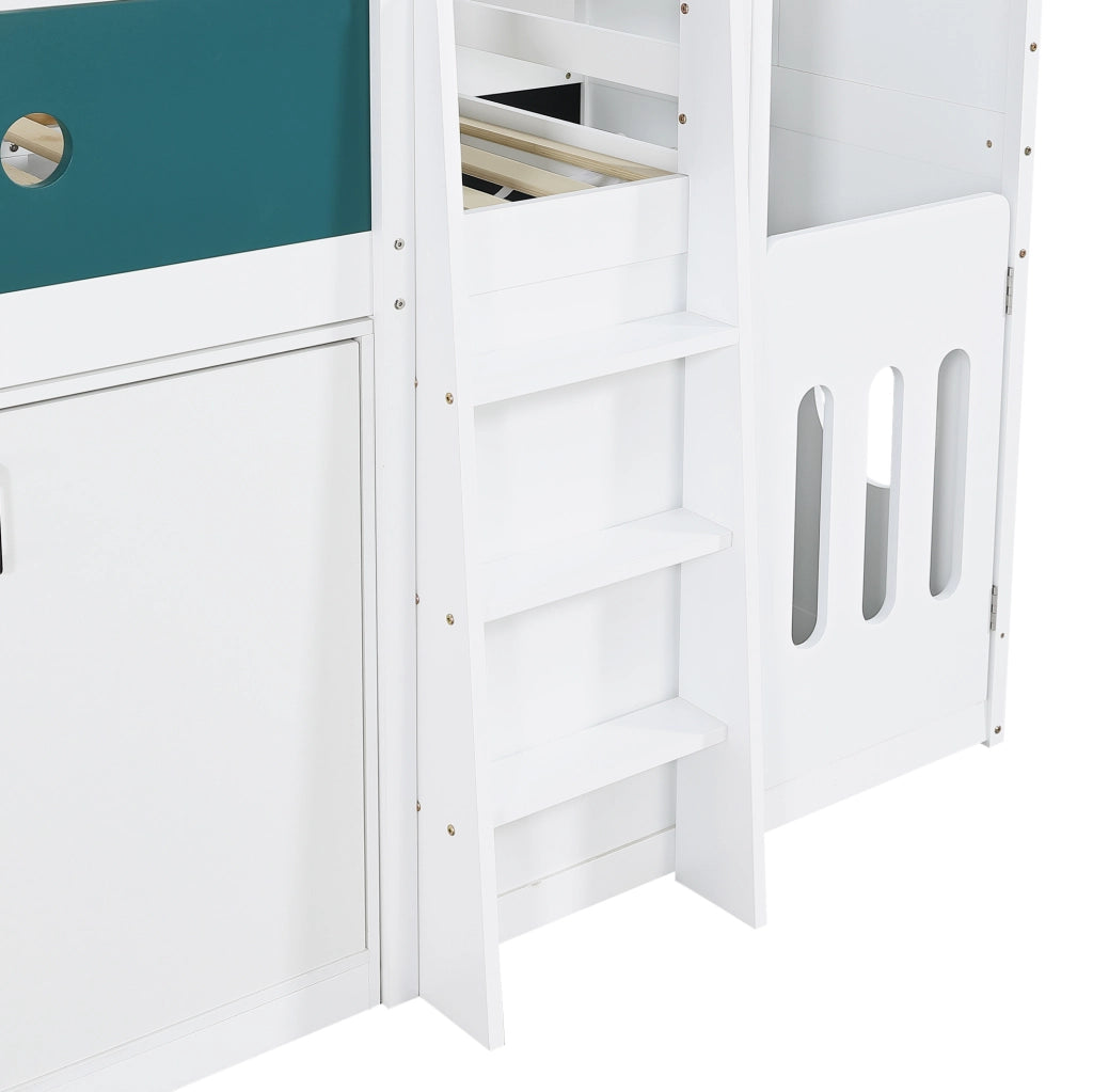 Letto a soppalco semialto 90x200 cm a forma di casa con armadio e area gioco bianco