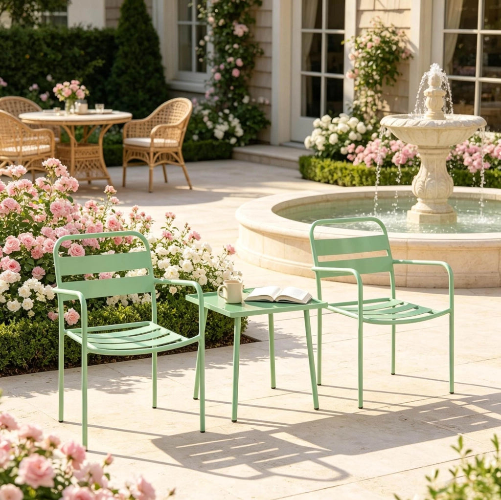 Set bistrot da giardino 3 pezzi verde con tavolo 50x50 cm e 2 sedie in acciaio e vetro temperato