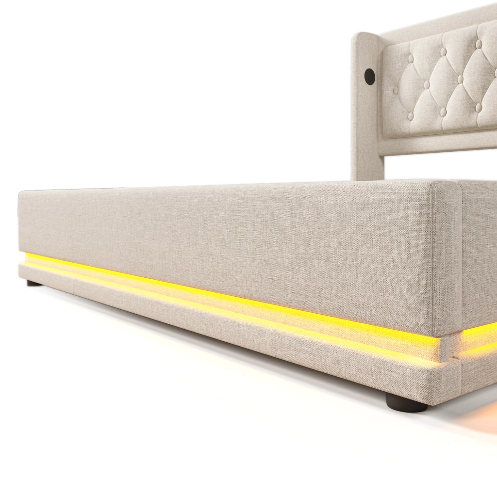 Letto matrimoniale 180x200 cm con contenitore; testiera trapuntata beige in cotone; USB e LED