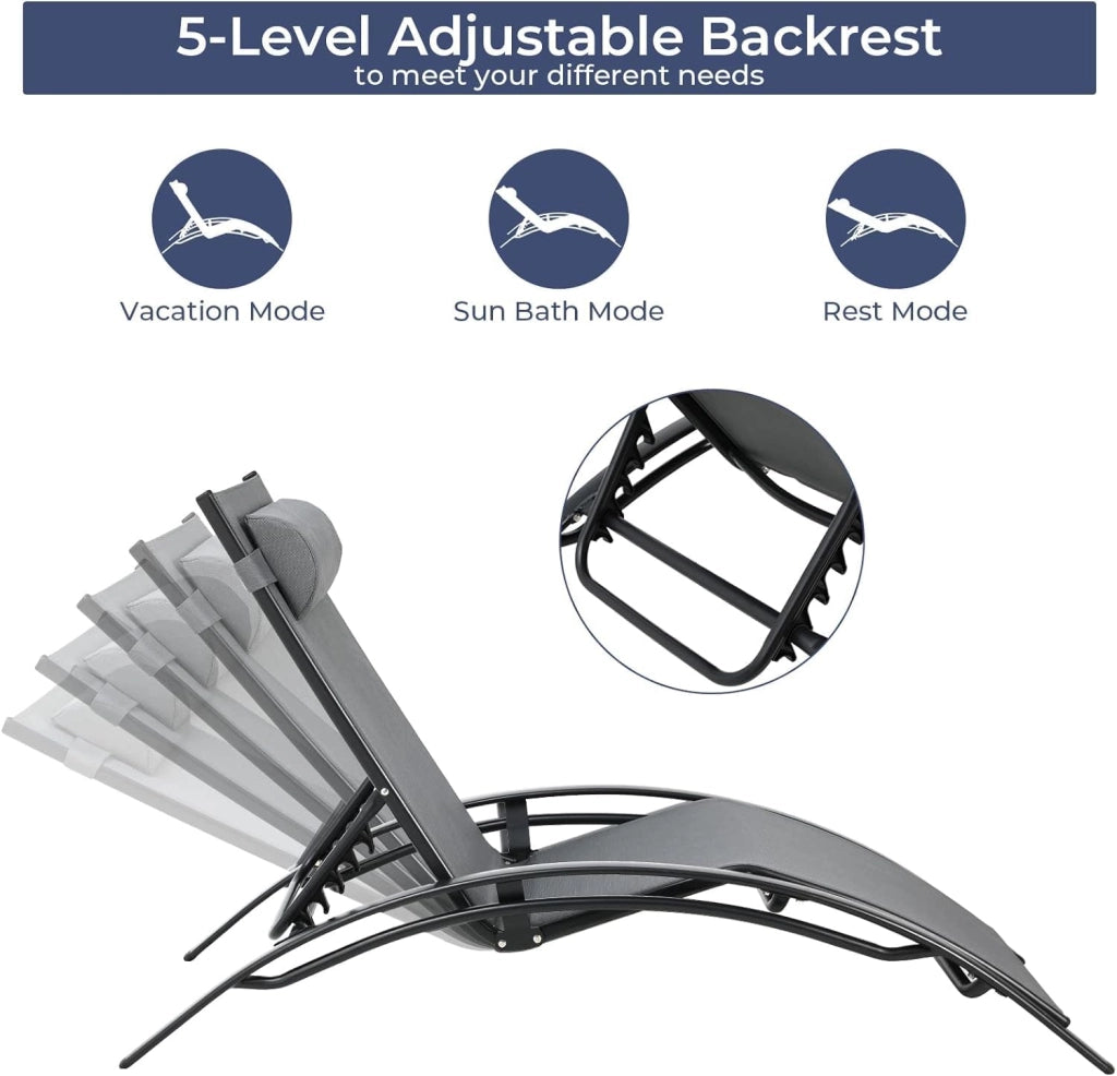 Lettino Prendisole, Set 4 Lettino da Giardino Alluminio, con Tavolo e Cuscino Poggiatesta, Resistente alle Intemperie, Regolabile Sdraio da Giardino, Spiaggia, Piscine, balcone, Grigio, 4 PCS
