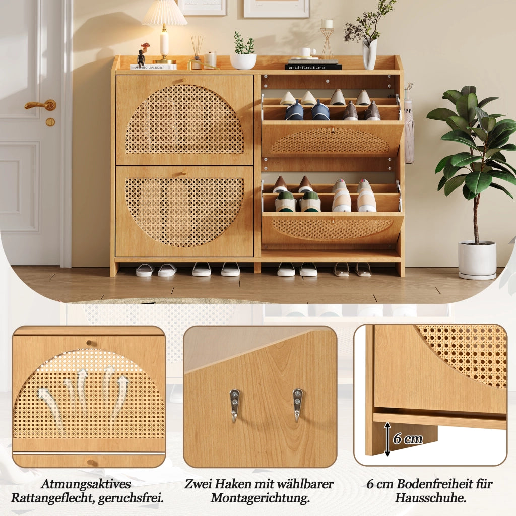 Scarpiera con 4 ante ribaltabili 8 vani e 2 ganci per ingresso in MDF finitura naturale moderna 120 × 24 × 90 cm
