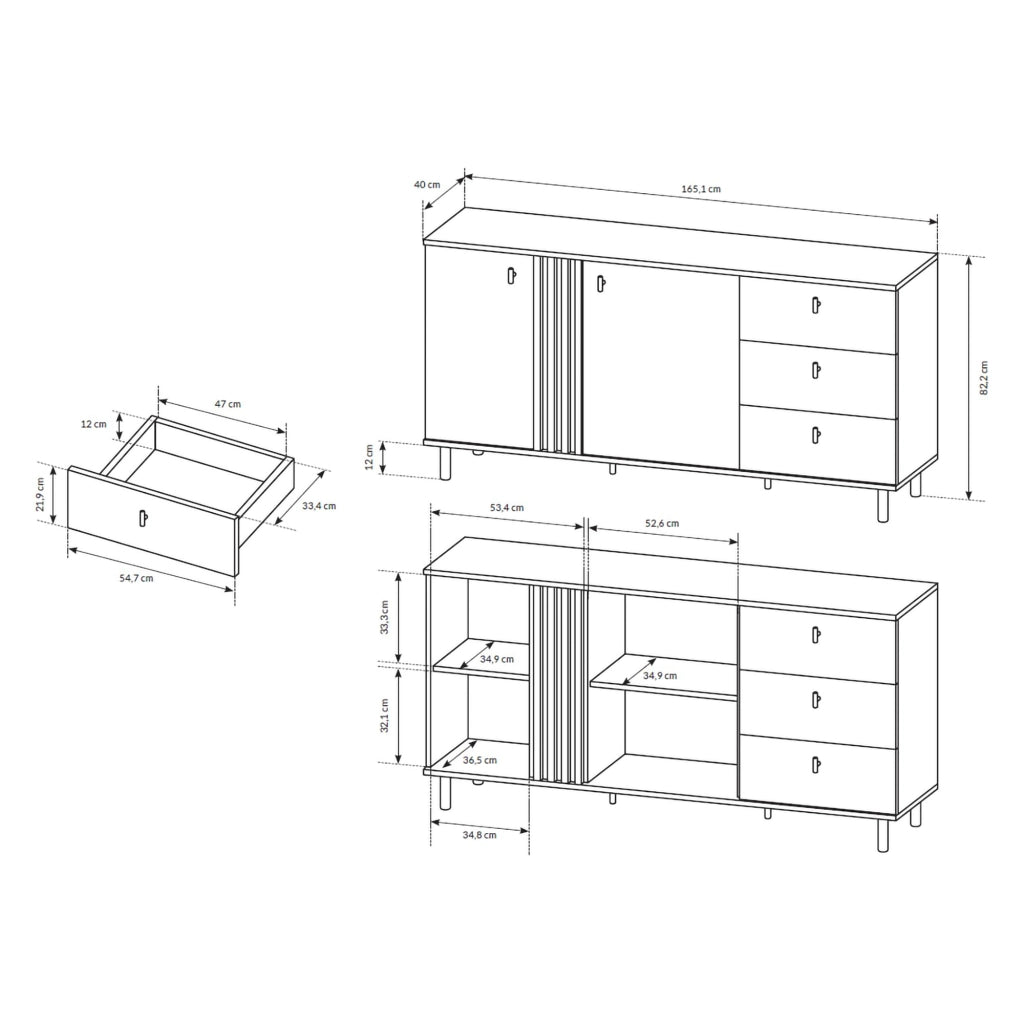 Madia Haradali, Credenza 3 Cassetti, 165x40x82h cm Marrone Rovere Nodi