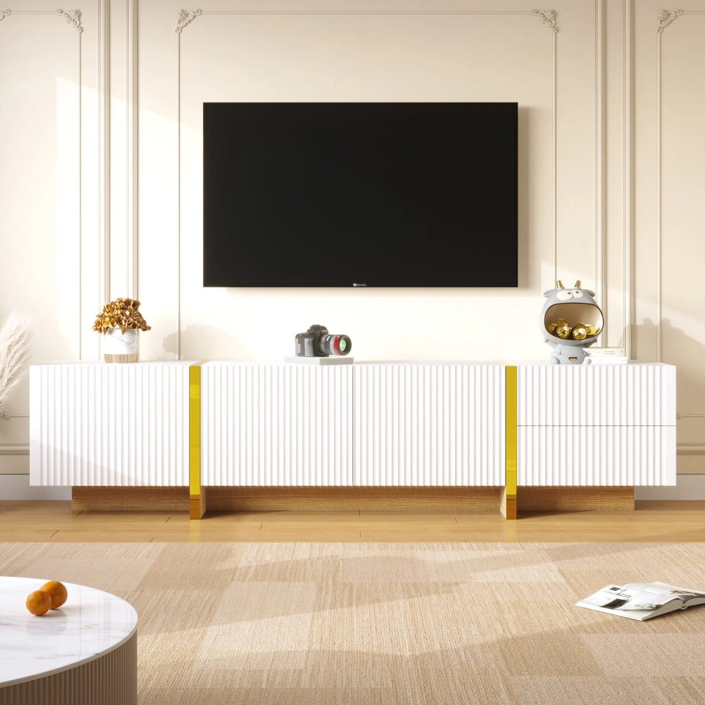 OKWISH Mobile TV con 3 Ante e 2 Cassetti, Cerniere Ammortizzate, per Soggiorno, MDF, 190 x 35 x 45 cm, Bianco Oro