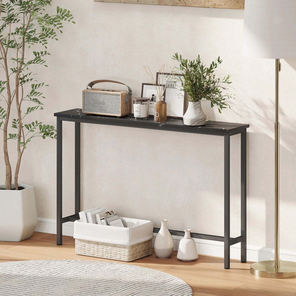 Consolle Ingresso Stretto con Piano Effetto Marmo e Struttura in Metallo ¨C Minimal ¨C 100x20x66 cm Nero