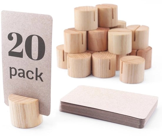 Mini supporto per tavolo in legno con 25 posizionatori per biglietti, supporto per biglietti, supporto per cartellini per tavolo, supporto per foto e oggetti in legno, legno chiaro, 20 pezzi