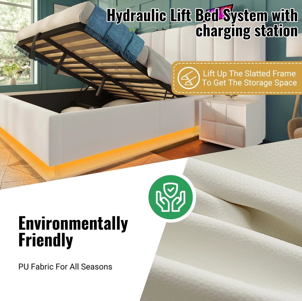 Letto matrimoniale imbottito ULEVR 160x200 cm con contenitore idraulico, LED, USB e Type-C, PU bianco