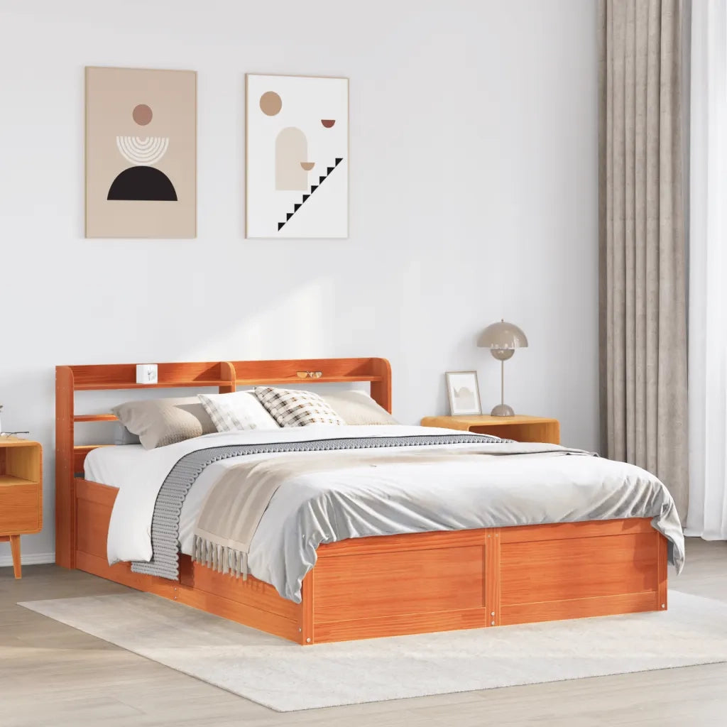 Giroletto con Testiera-Struttura Letto con testiera Marrone Cera 160x200 cm Massello Pino 435059