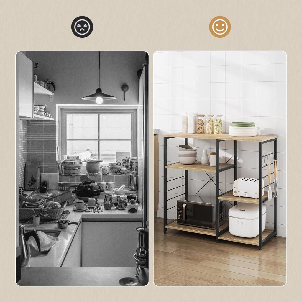 Scaffale da Cucina con 5 Ripiani in Legno, Supporto per Microonde con 4 Ganci, Struttura in Metallo & Legno, 90x40x83,5 cm, Rovere Chiaro+Nero