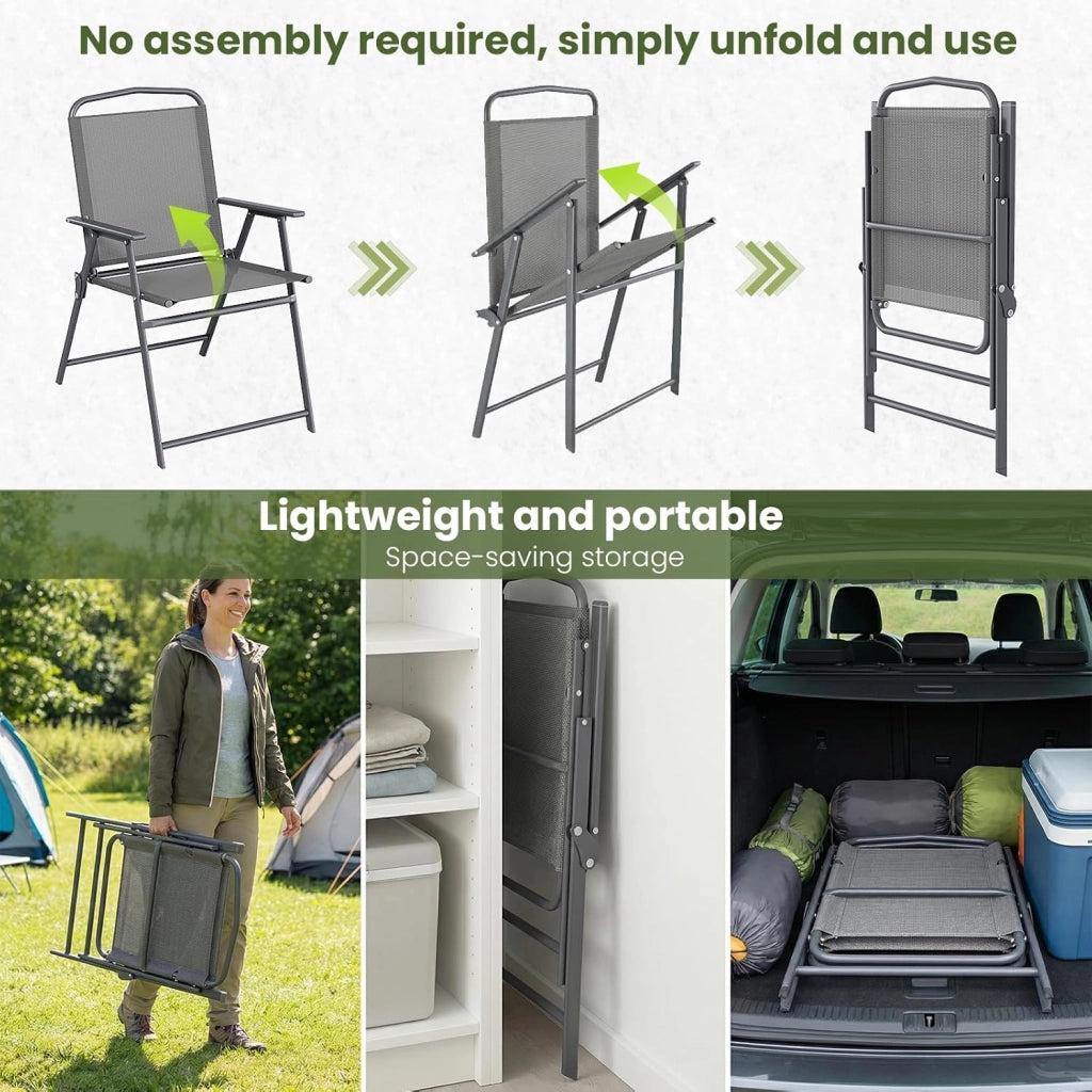 Set di 4 sedie pieghevoli con schienale, braccioli, sedie da terrazza, sedie da pranzo, fino a 150 kg, sedia pieghevole per campeggio, spiaggia, giardino, piscina, terrazza, grigio