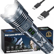 Lanterna LED XHP160.5 150.000 lumen caricabile via USB, zoomabile, 6 modi di illuminazione, estremamente luminosa, IP67 impermeabile all'acqua, per attività outdoor, campeggio e emergenze, colore grigio.