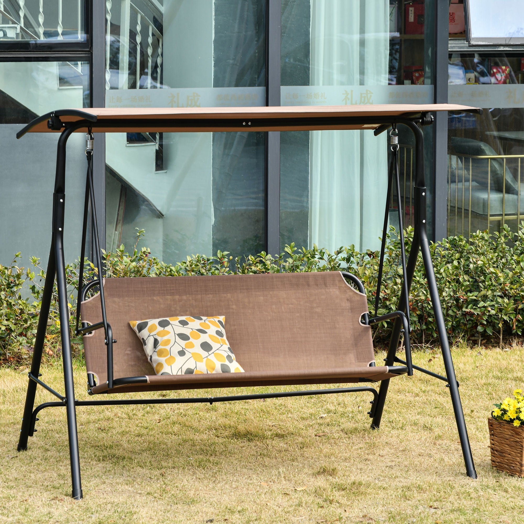EasyComfort Dondolo da Giardino Terrazza 3 Posti con Tettuccio Regolabile in Metallo e Texteline 172x110x155cm Marrone