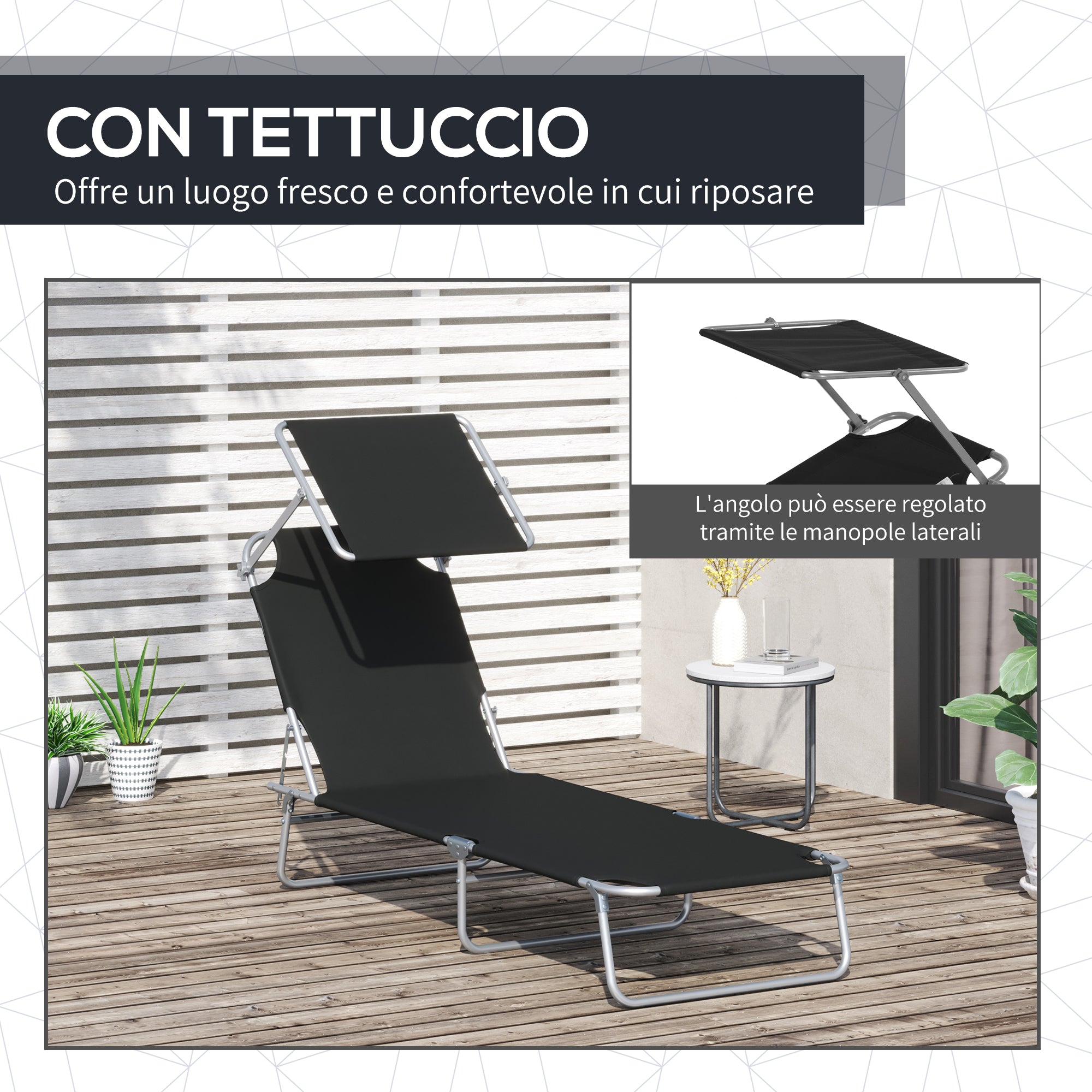 Easycomfort Lettino Prendisole da Giardino, Sdraio Pieghevole e Regolabile con Tettuccio in Tessuto Nero, 187x58x50cm