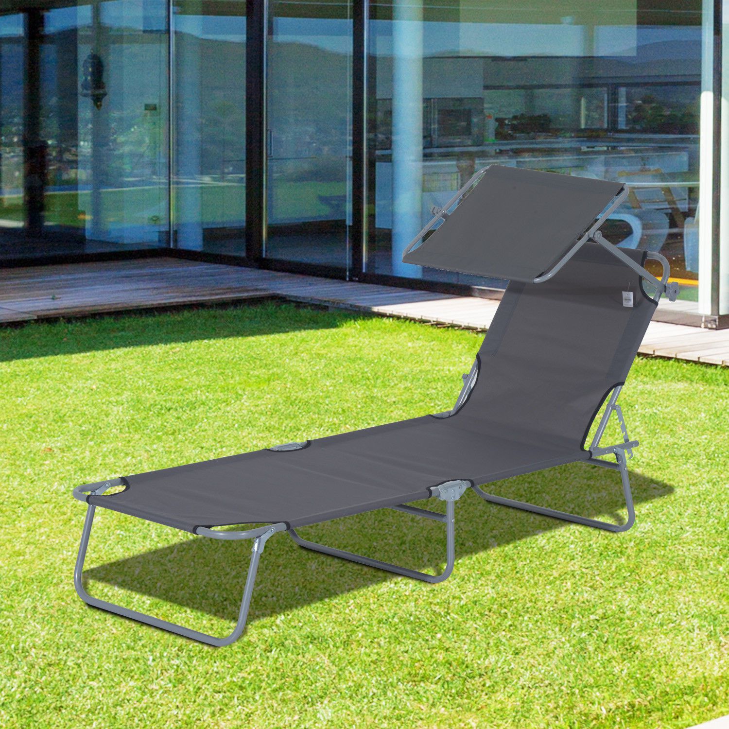 Easycomfort Lettino Prendisole da Giardino, Sdraio Pieghevole e Regolabile con Tettuccio in Tessuto Grigio, 187x58x50cm