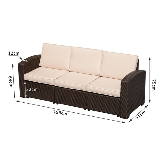 Easycomfort Divano a 3 Posti in PP Plastica ad Effetto Rattan, Divano da Giardino con Cuscini, Marrone e Champagne, 199x71x75cm