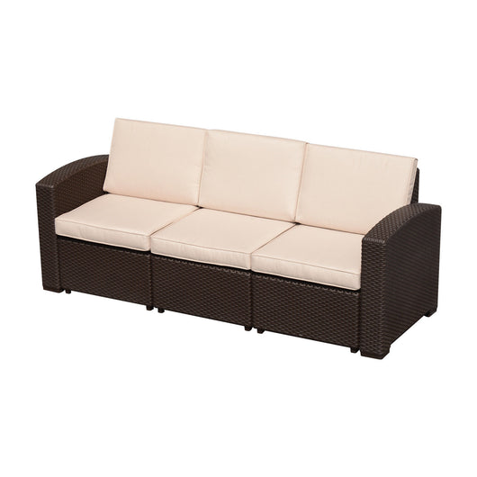 Easycomfort Divano a 3 Posti in PP Plastica ad Effetto Rattan, Divano da Giardino con Cuscini, Marrone e Champagne, 199x71x75cm