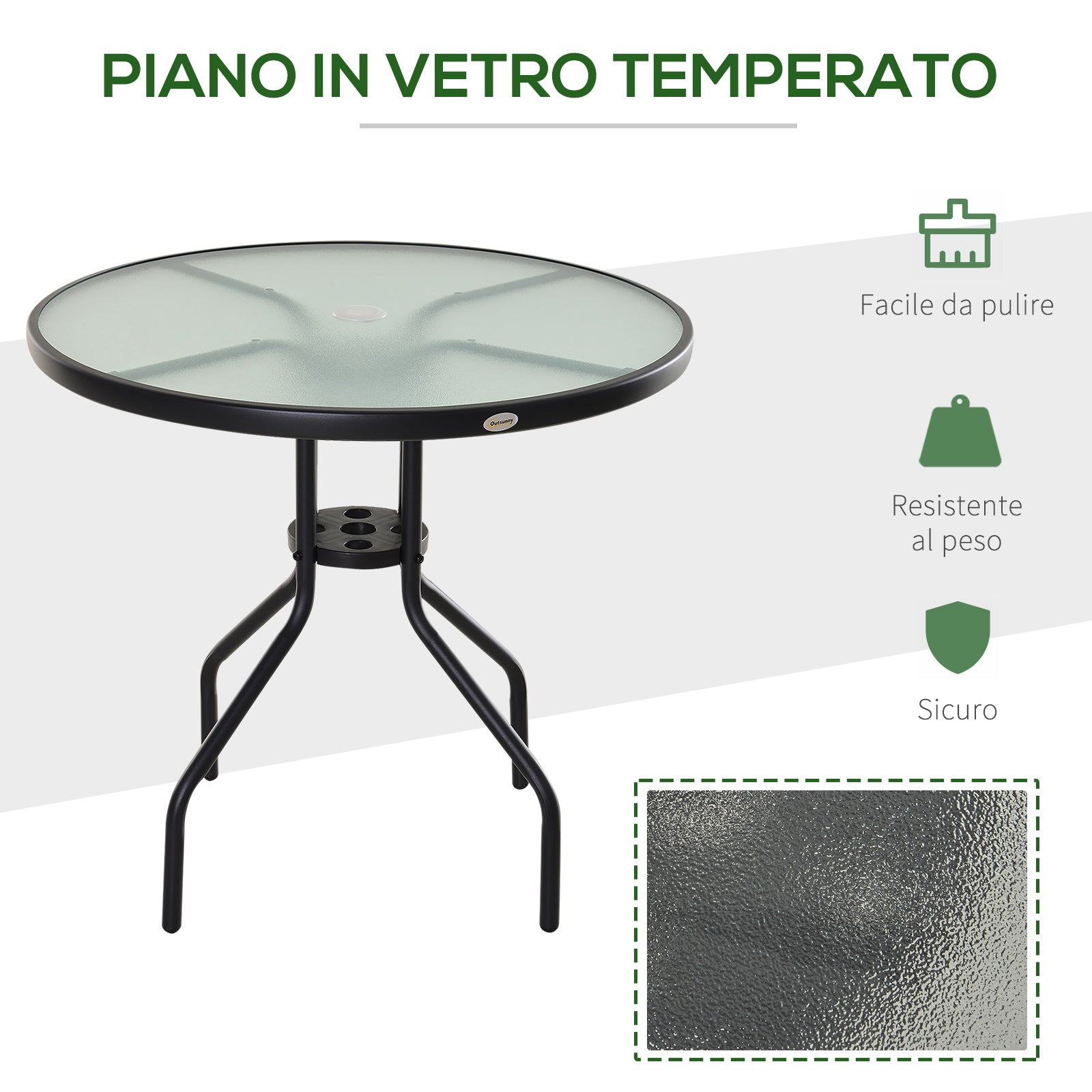Easycomfort Tavolino da Giardino con Piano in Vetro Temperato e Foro per Ombrellone Acciaio Ф80 x 72 cm Nero