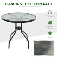 Easycomfort Tavolino da Giardino con Piano in Vetro Temperato e Foro per Ombrellone Acciaio Ф80 x 72 cm Nero