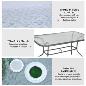 Easycomfort Tavolo da Giardino con Foro per Ombrellone, Arredamento da Esterno in Metallo e Vetro 140x80x70cm Grigio