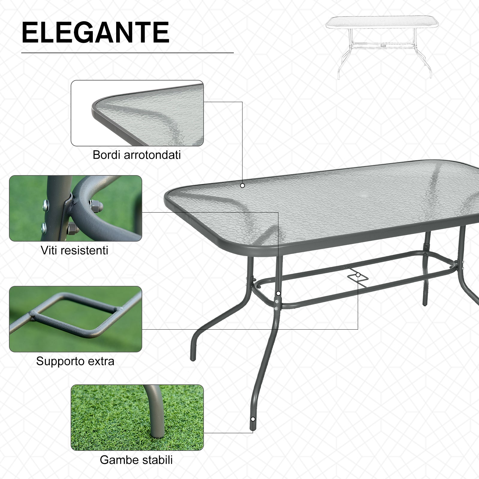 Easycomfort Tavolo da Giardino con Foro per Ombrellone, Arredamento da Esterno in Metallo e Vetro 140x80x70cm Grigio